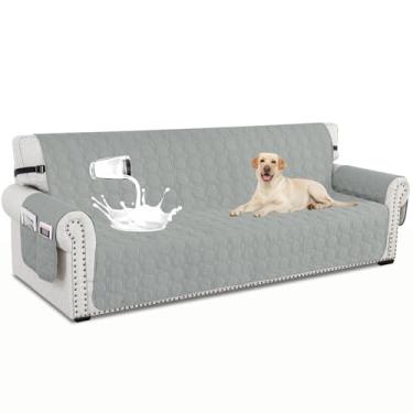 Imagem de XINEAGE Capa de sofá grande para 3 almofadas para cães, 100% impermeável, capa protetora de móveis com alças elásticas para animais de estimação (sofá grande de 200 cm, cinza claro)