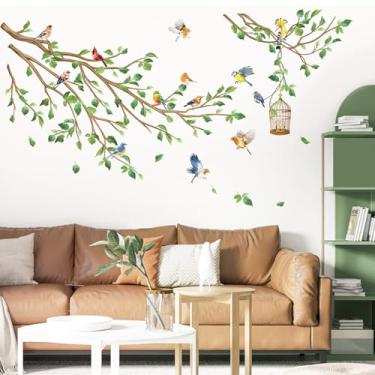 Imagem de decalmile Adesivos de parede pássaros no ramo de árvore primavera folhas verdes pássaros voando adesivos de parede sala de estar quarto sofá TV fundo decoração de parede