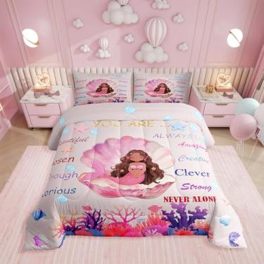 Imagem de Erosebridal Jogo de cama com estampa de sereia negra, para crianças, adolescentes, com citações inspiradoras, afro-americanas, com citações inspiradoras, decoração de quarto de princesa kawaii