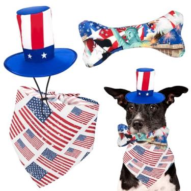 Imagem de Ousiya 3 peças bandana para cães de 4 de julho, chapéu para animais de estimação do tio Sam, brinquedo de osso de cachorro com bandeira americana para cães pequenos, médios e grandes
