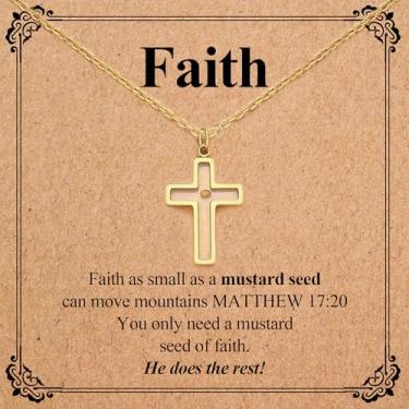 Imagem de OAOMRIA Colar de cruz de fé para mulheres, semente de mostarda, hipoalergênico, com pingente de cruz de prata, presentes de batismo, presentes de confirmação para mulheres, joias religiosas, cristãs