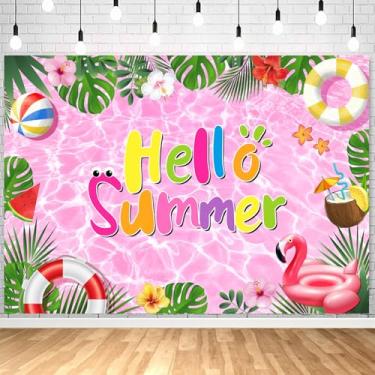Imagem de InMemory Hello Summer Pano de fundo rosa tropical floral piscina praia decoração festa de aniversário faixa escolar para férias havaianas verão fundo fotográfico 1,8 x 1,2 m