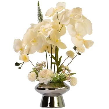 Imagem de LESING Arranjo de flores de orquídeas falsas em vaso, planta artificial de orquídea de seda sintética com vaso de cerâmica para decoração de casa de mesa (vaso de prata, branco)