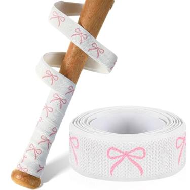 Imagem de Pushglossy Fitas de aderência de taco de beisebol Faith Cross 1,5 mm pré-cortadas e totalmente adesivas para softball, fita de substituição de taco de beisebol antiderrapante (branco, laço rosa)