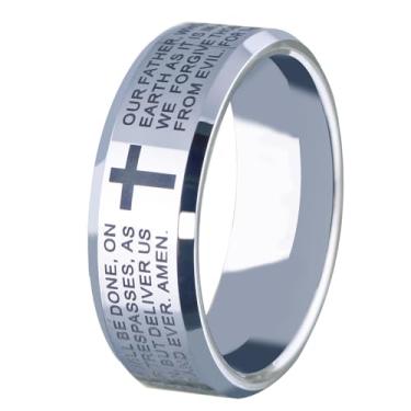 Imagem de CLOUD DANCER Aliança de casamento de tungstênio de 8 mm para homens e mulheres - Gravada Nossa Oração Pai e Cruz - Anéis de Casamento Cristão para Ele Ela - Versículo da Bíblia Anéis Religiosos