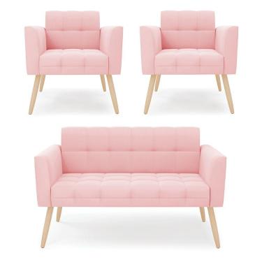 Imagem de Kit 1 Sofá Namoradeira E 2 Poltronas Elisa Suede Rosa Bebê Pés Palito Natural - D'rossi