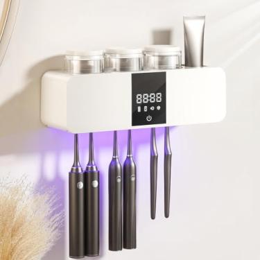 Imagem de Suporte inteligente de escova de dentes montado na parede com carregamento solar, 6 compartimentos de escova e 3 xícaras, organizador de escova de dentes elétrico multifuncional com secador embutido
