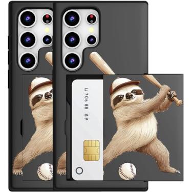 Imagem de MUQR Capa compatível com Samsung Galaxy S23 Ultra com suporte de cartão fofo - Design Kawaii, proteção contra quedas de nível militar, capa carteira robusta para mulheres (Black Sloth Baseball)
