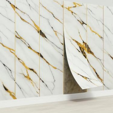 Imagem de Placa Adesiva Parede Rolo Painel Vinílico Mármore 200x60cm Lavavel 3D Continuo Branco com Dourado