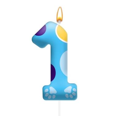 Imagem de Velas de aniversário de pata de cachorro azul topo de bolo numerais velas de aniversário para decoração de pata de cachorro número 1