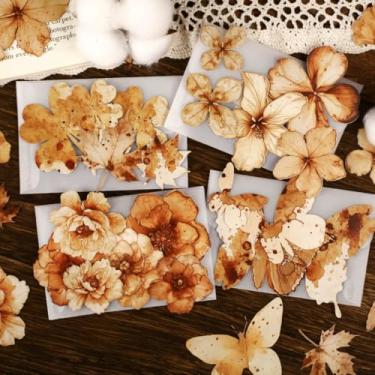 Imagem de Kit de adesivos de scrapbook de flores secas com folhas secas, flores vintage, PET, transparente, à prova d'água, conjunto de adesivos para lixo, diário, garrafas de água, telefone, laptop, decalques