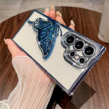 Imagem de Capa para Samsung S24Ultra com glitter borboleta areia movediça strass transparente (para Samsung S24Ultra/azul serra)