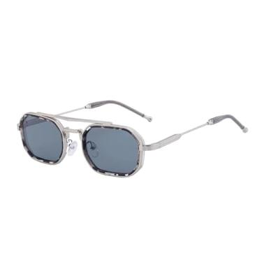 Imagem de HPIRME Óculos de sol de metal com armação pequena e dupla poligonal, moda masculina, para áreas externas, com espelho (leopardo cinza)
