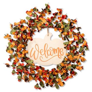 Imagem de Taybonds Guirlanda de outono para porta da frente 50,8 cm, guirlanda artificial de outono com folhas vibrantes, mini bagas de abóbora e placa de boas-vindas de madeira de abóbora para porta da frente
