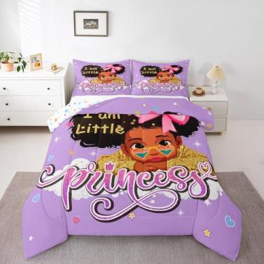 Imagem de Conjunto de edredom feminino preto tamanho casal bonito princesa afro melanina conjunto de cama infantil para meninas preto menina desenho animado edredom 3 peças, 1 colcha roxa e 2 fronhas