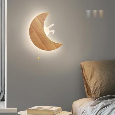 Imagem de GZZBMY Luminária de parede interna moderna LED com interruptor de cabo de puxar arandelas de parede reguláveis tricolores, decoração de quarto de crianças, natureza, lâmpadas de parede de madeira para