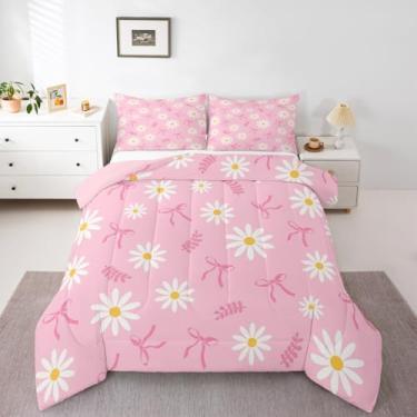 Imagem de Erosebridal Jogo de cama solteiro com laço de fita rosa, decoração de quarto de princesa, fofo, kawaii, margarida, laço, casa de fazenda, plantas, folhas, colcha para crianças, adolescentes e mulheres