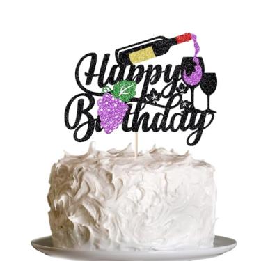Imagem de Topo de bolo de feliz aniversário vinho tinto, comemoração 21, 30, 40, 50, 60 anos, artigos de festa de aniversário para homens e mulheres, palitos de bolo de vinho para celebrar artigos de festa de