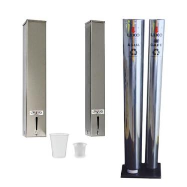 Imagem de Kit Suporte Quadrado Inox Porta Copo Descartável 50ml e 200ml  + Lixei