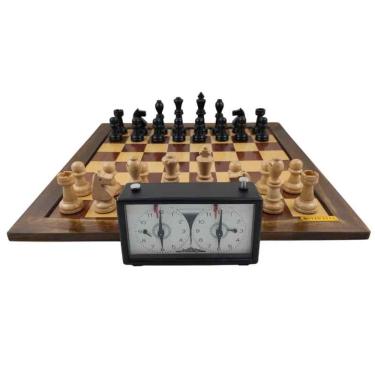 Imagem de Tabuleiro Xadrez Luxo + Peças em Madeira Nobre + Relógio Analógico - 1021621