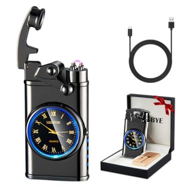 Imagem de RSBYE Isqueiro elétrico recarregável por USB, isqueiro de plasma de arco duplo à prova de vento, isqueiros eletrônicos sem chama com indicação de bateria LED para homens (relógio preto)