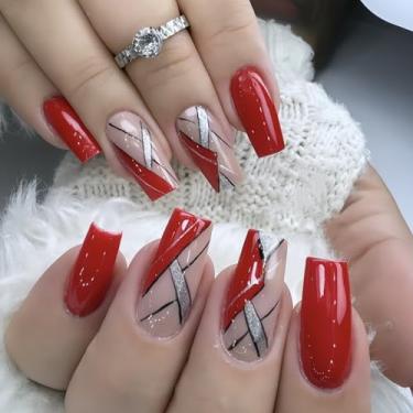 Imagem de RTKHFZE Pregos quadrados médios de acrílico vermelho com desenhos geométricos unhas artificiais brilhantes para mulheres e meninas