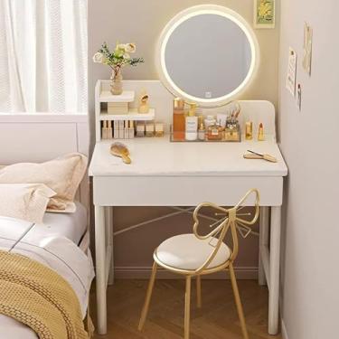 Imagem de Conjunto De Vaidade Com Espelho Redondo Iluminado, Mesa De Maquiagem Com 2 Gavetas & Banquinho Acolchoado, 3 Modos De Iluminação Brilho Ajustável, Mesa De Vestir Para Quarto, 60x40x126cm