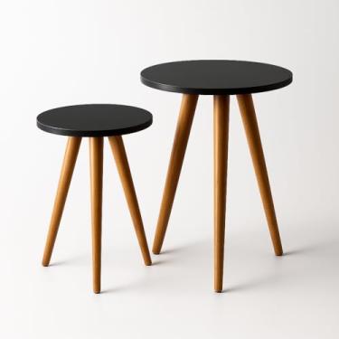 Imagem de Mesa De Apoio Redonda Preta 2 Mesas Pé Palito Madeira