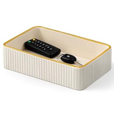 Imagem de Organizador de mesa de cabeceira de couro, porta-chaves de cômoda para homens, prato de entrada, armazenamento de mesa de cabeceira para colônia e acessórios, branco moderno com acabamento dourado