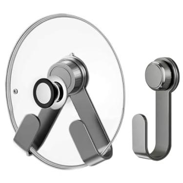 Imagem de Tekunao Pacote com 2 suportes de tampa – organizador ajustável de parede para armário com ventosa, ganchos multifuncionais resistentes para tábua de corte, panela (cinza)