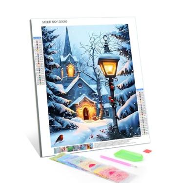 Imagem de Pintura de diamante de igreja faça você mesmo, a bela cena de inverno de uma igreja antiga pintura por números para iniciantes, kits de arte de diamante redondo completo para decoração de quarto