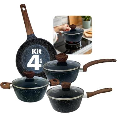 Imagem de Conjunto Panelas Antiaderente 4 Peças com Tampa de Vidro – Fundo Triplo de Indução, Revestimento Stone, Preto