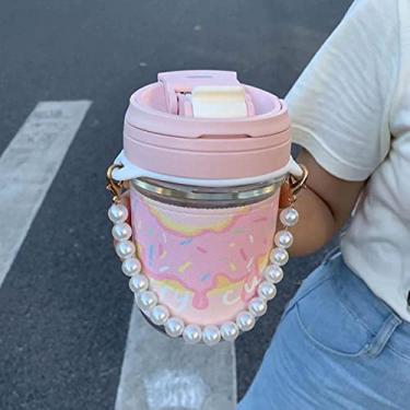 Imagem de Garrafa de água com flor fofa de 500 ml para corrente de pérola portátil vidro transparente duplo beber caneca de café xícara de chá de leite