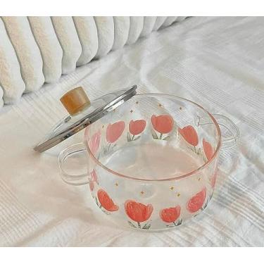 Imagem de INSTR Tigela de macarrão de vidro de orelha dupla fresca com tampa tigela de macarrão adorável para estudante tigela de sopa de grande capacidade alta temperatura