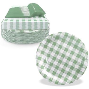 Imagem de WYQJHKV Serve 35 convidados, artigos de festa guingão verde grama incluem pratos e guardanapos de papel de sobremesa verde grama descartável de 17,8 cm para casamento, chá de bebê, festa de