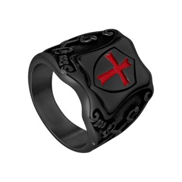 Imagem de Anéis de Cruz Armadura de Deus para Homens: Aço Inoxidável Cavaleiro Templário Escudo Cruz Vermelha Amuleto Sinete Anéis Banda Joia Presentes, Tamanho 7-13, Metal, Sem pedra preciosa