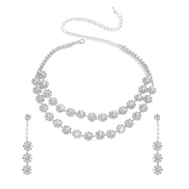 Imagem de Aheli Colar de camada cravejada de zircônia cúbica banhada a prata e brinco brilhante conjunto de joias para mulheres
