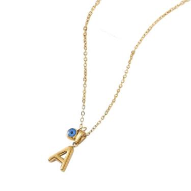 Imagem de Qermolas Colar com inicial bolha dourada com olho turco azul de aço inoxidável declaração delicada letra do alfabeto joia pingente inchado para mulheres, Aço inoxidável, Sem Pedra Preciosa