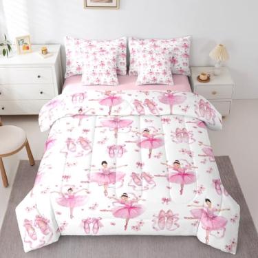 Imagem de Feelyou Conjunto de cama queen para meninos e meninas, rosa, bailarina, laço e laço em uma bolsa, conjunto de edredom floral para crianças, 7 peças