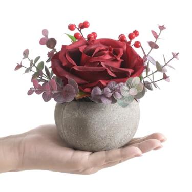 Imagem de ucky Flores artificiais em vaso, flores falsas bordô em vaso centros de mesa de girassol amarelo para mesa, escritório, cozinha, banheiro, prateleira, decoração de plantas