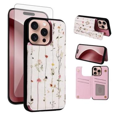 Imagem de Asuwish Capa de telefone para iPhone 16 Pro 16.0 cm carteira celular com protetor de tela de vidro temperado flor luxuosa couro PU porta-cartão suporte suporte i Phone16 i16 16Pro mulheres meninas