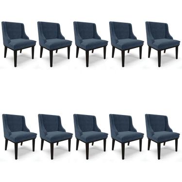 Imagem de Kit 10 Cadeiras Estofadas para Sala de Jantar Base Fixa de Madeira Preto Lia Suede Azul Marinho - Ib