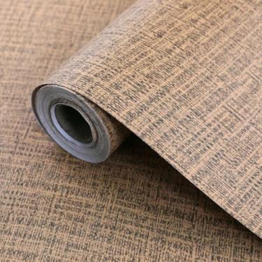 Imagem de ESSMOKO Papel de parede sólido padrão de linho autoadesivo material de PVC impermeável papel de parede quarto sala de estar dormitório adesivo de renovação marrom 45 * 1000 cm