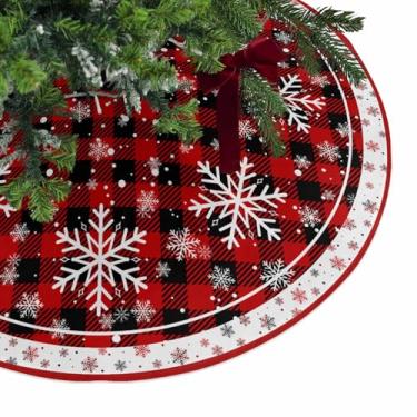 Imagem de Saia de árvore de Natal xadrez de búfalo vermelho para decoração de festa de Natal, árvore de floco de neve, 121 cm