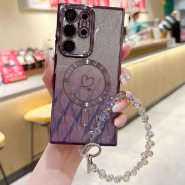 Imagem de Capa com pulseira de cristal gradiente com glitter em formato de coração para Samsung S25 Ultra, capa magnética para Samsung S24 Ultra S23FE S22 S21, capa macia, roxa, para Samsung S21