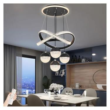 Imagem de Lustres de cristal, luminária, lustre, luz pendente de LED regulável, para sala de estar, quarto, ilha de cozinha com controle remoto, lâmpadas de teto com altura ajustável - preto (luz quen