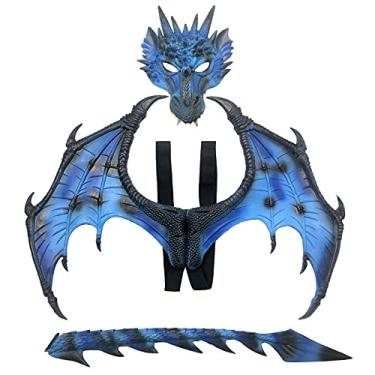 Imagem de XIANIWTA Fantasia infantil de asas de dragão conjunto de máscara de cauda de dinossauro fantasia cosplay (conjunto azul)