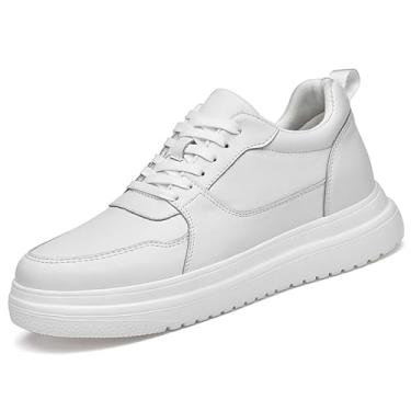 Imagem de Tênis masculino invisível de couro que aumenta a altura, clássico, com cadarço, 9 cm mais alto, moderno, sapatos casuais respiráveis, Branco, 38