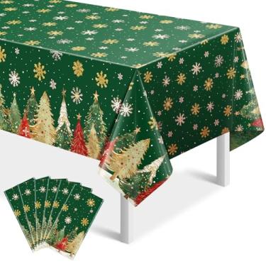 Imagem de YIDAKO 6 peças de toalhas de mesa descartáveis de Natal, retangulares, árvores de Natal, toalha de mesa de plástico verde, capa de mesa impermeável de flocos de neve de inverno para decorações de