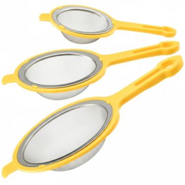 Imagem de LemonRoad Conjunto de 3 filtros de malha de aço inoxidável 304 filtros de malha fina com alças ergonômicas e orelhas suspensas para filtro de óleo, gordura e espuma (amarelo)
